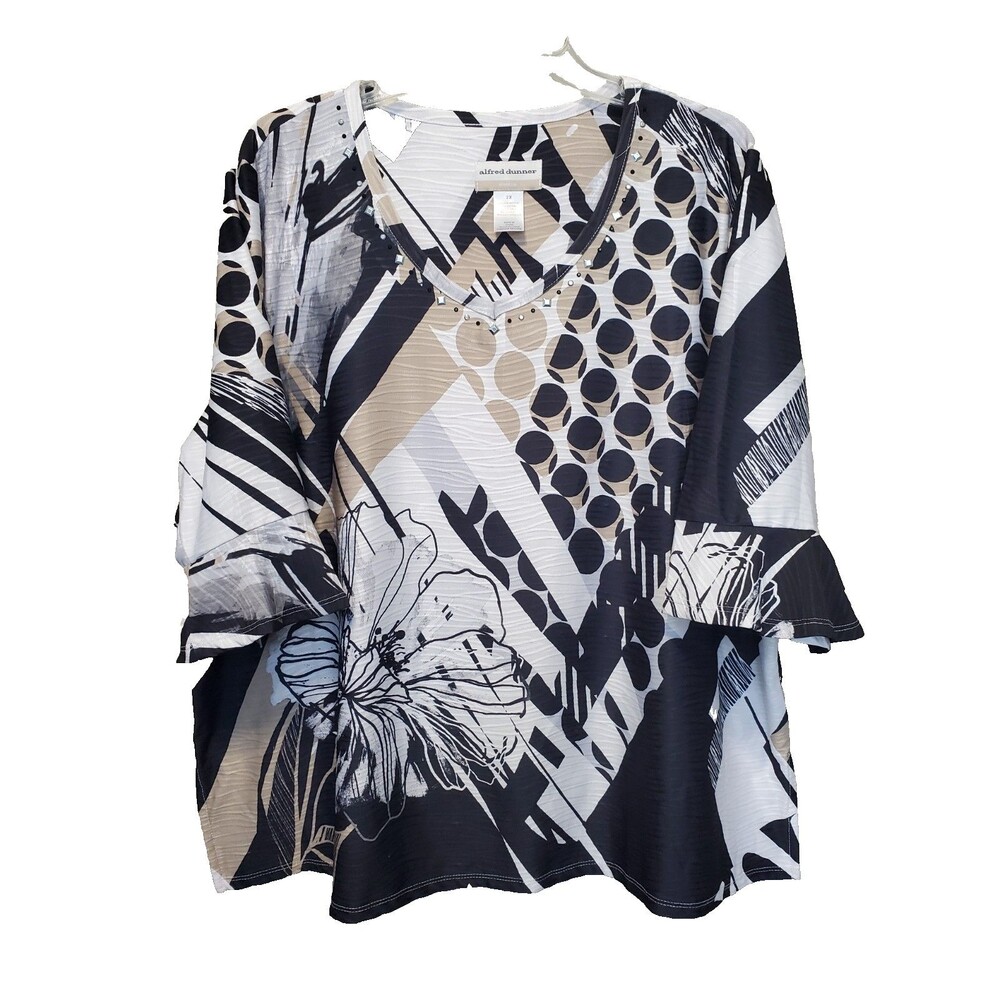 Alfred Dunner Woman Mixed Print Textured Studded V-Neck Bell Sleeve Tunic Sz 2X